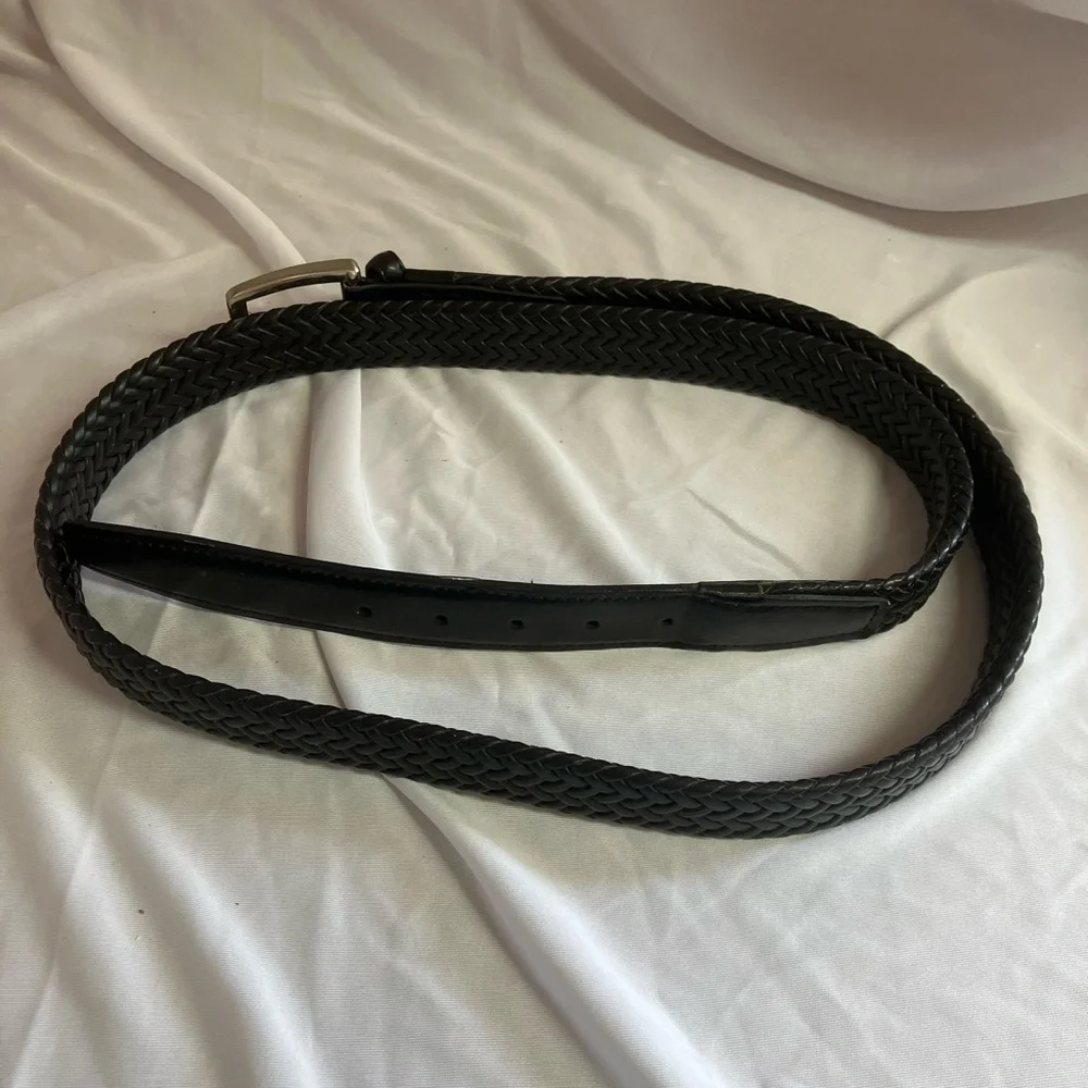 Classic Black Braided Leather Belt with Silver Buckle
